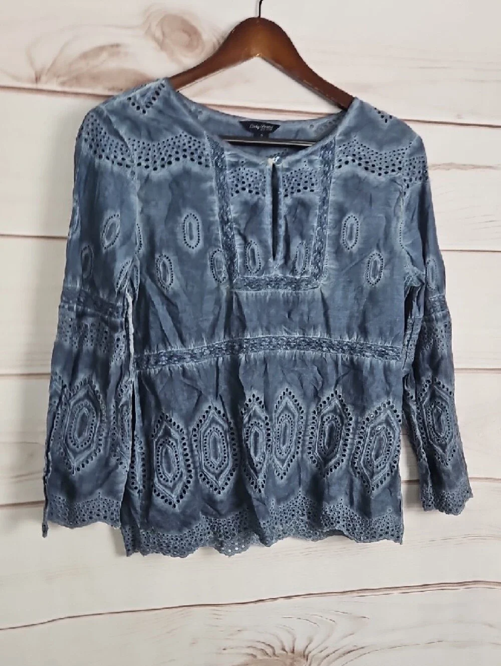 Lucky Brand Blue Acid Wash Eyelet Embroidered Boho Peasant Top | Small - Picture 4 of 11